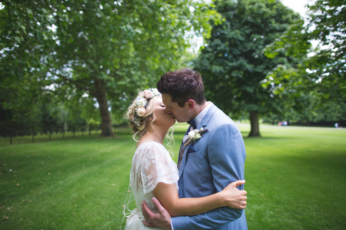 Rebecca wore a Charlie Brear gown from the Cicily Bridal boutique for her vintage tea party, village hall wedding. Captured by Ragdoll Photography.