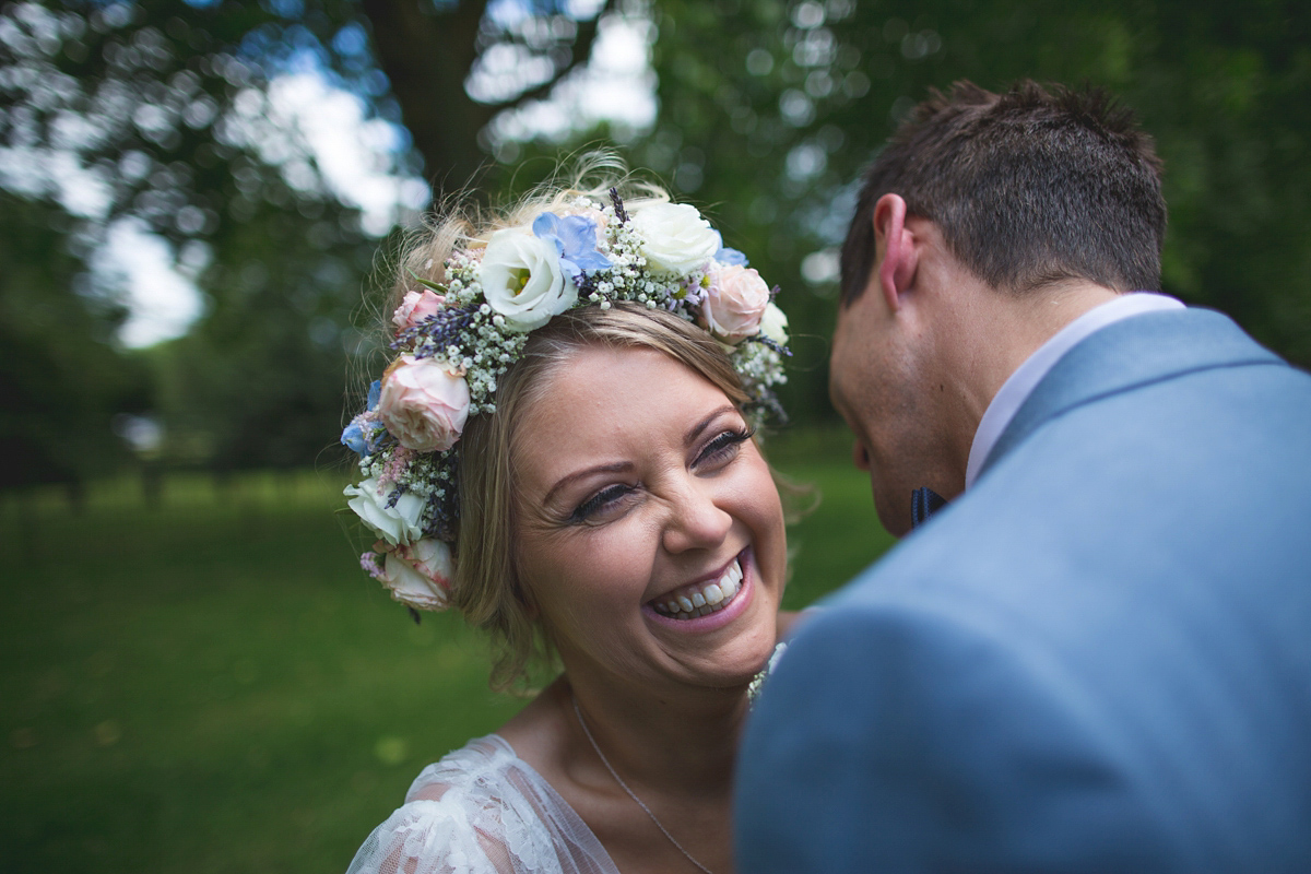 Rebecca wore a Charlie Brear gown from the Cicily Bridal boutique for her vintage tea party, village hall wedding. Captured by Ragdoll Photography.