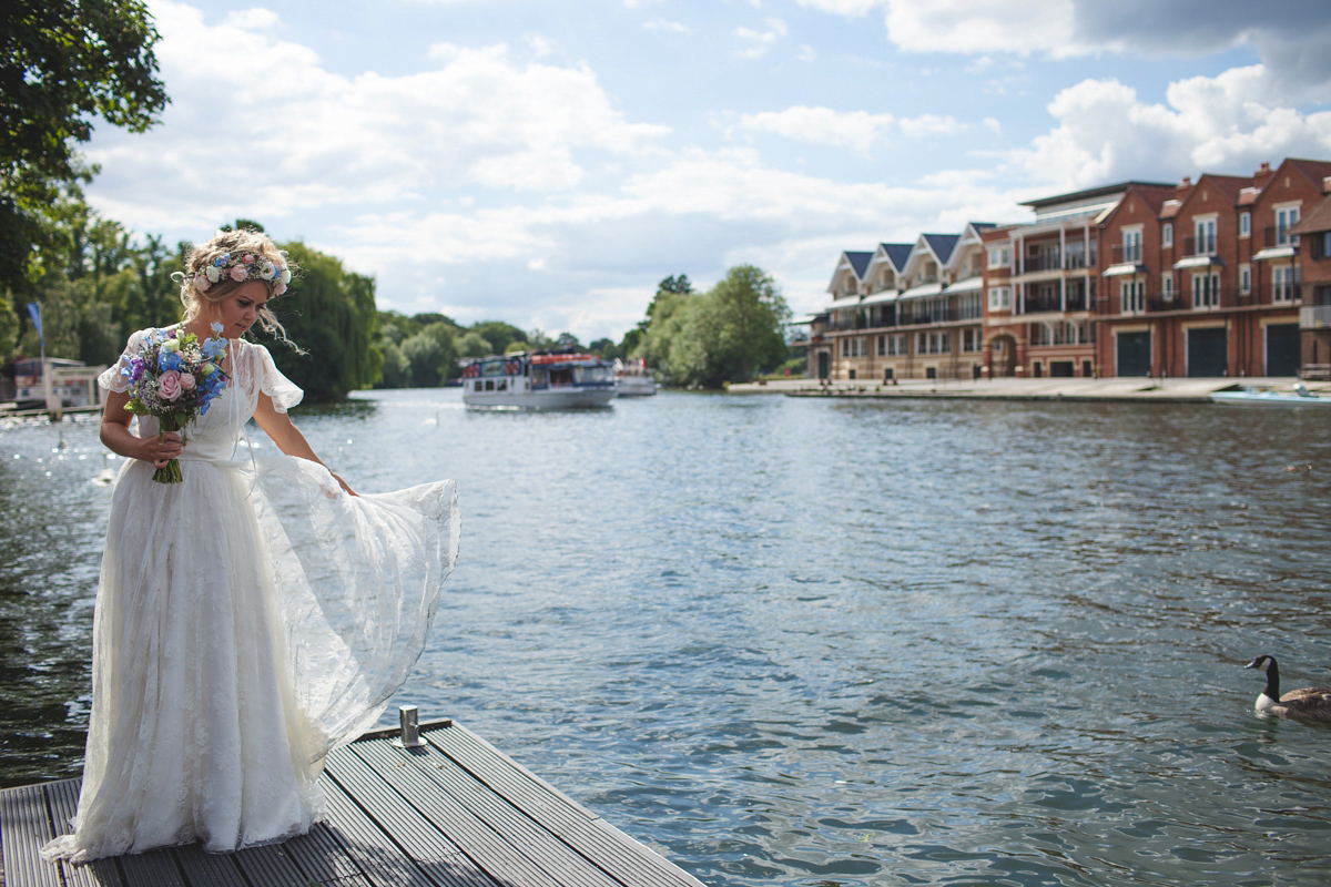 Rebecca wore a Charlie Brear gown from the Cicily Bridal boutique for her vintage tea party, village hall wedding. Captured by Ragdoll Photography.