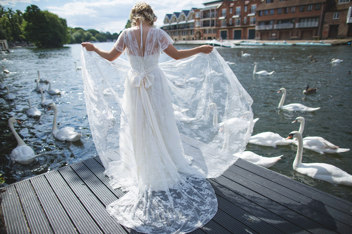 Rebecca wore a Charlie Brear gown from the Cicily Bridal boutique for her vintage tea party, village hall wedding. Captured by Ragdoll Photography.