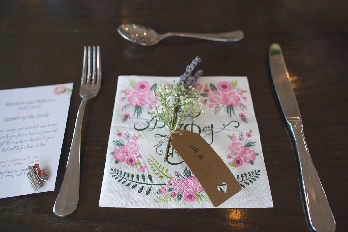 Rebecca wore a Charlie Brear gown from the Cicily Bridal boutique for her vintage tea party, village hall wedding. Captured by Ragdoll Photography.