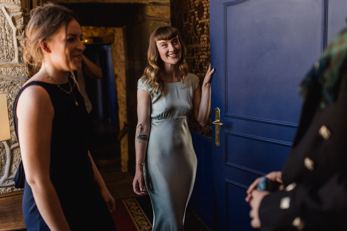 Bride Imogen wore the 'Jayne' gown by Eliza Jane Howell, and a Juliet cap veil, for her Celtic handfasting wedding at a French cheateau. Photography by Lifestories Wedding Photography.