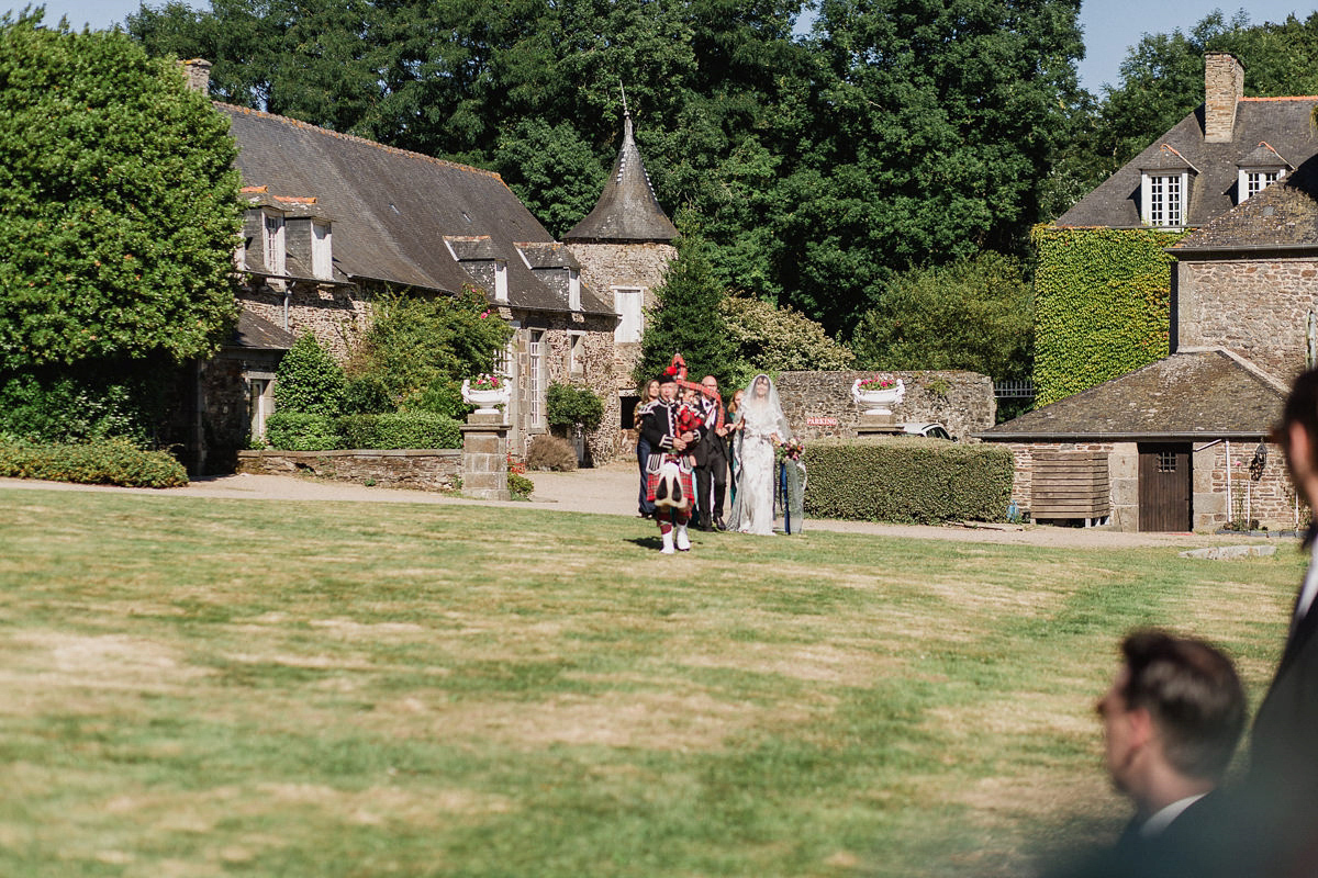 Bride Imogen wore the 'Jayne' gown by Eliza Jane Howell, and a Juliet cap veil, for her Celtic handfasting wedding at a French cheateau. Photography by Lifestories Wedding Photography.