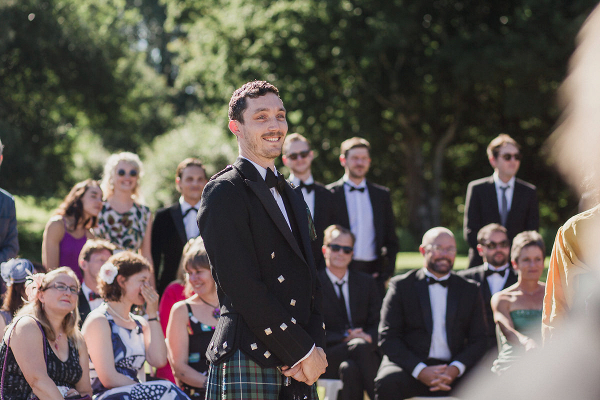 Bride Imogen wore the 'Jayne' gown by Eliza Jane Howell, and a Juliet cap veil, for her Celtic handfasting wedding at a French cheateau. Photography by Lifestories Wedding Photography.