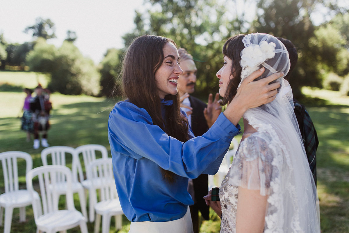 Bride Imogen wore the 'Jayne' gown by Eliza Jane Howell, and a Juliet cap veil, for her Celtic handfasting wedding at a French cheateau. Photography by Lifestories Wedding Photography.