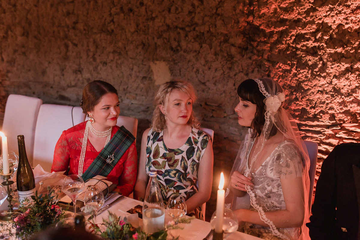 Bride Imogen wore the 'Jayne' gown by Eliza Jane Howell, and a Juliet cap veil, for her Celtic handfasting wedding at a French cheateau. Photography by Lifestories Wedding Photography.