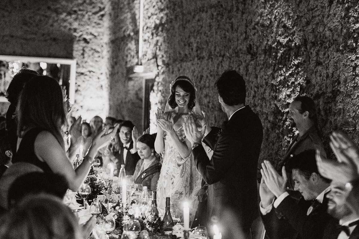 Bride Imogen wore the 'Jayne' gown by Eliza Jane Howell, and a Juliet cap veil, for her Celtic handfasting wedding at a French cheateau. Photography by Lifestories Wedding Photography.