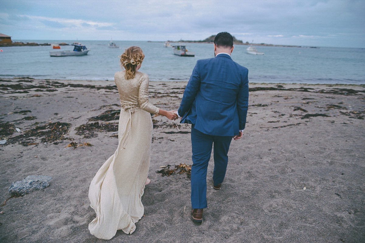 Amelia wore a gold sequin wedding dress for her relaxed, homespun and handmade wedding by the seaside in New Zealand. Photography by Sarah Burton.