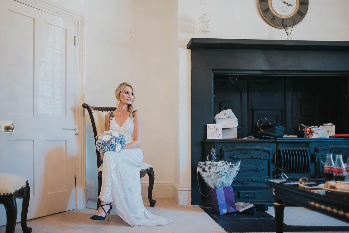 Bride Faye wears an 1930's inspired drop waist glamorous dress by Eliza jane Howell for her effortlessly elegant summer garden party wedding.