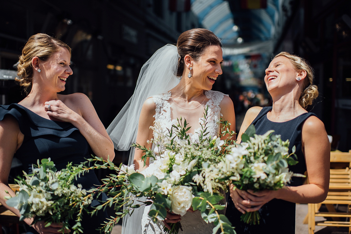 Beth wore a Watters gown and carried an all-white bouquet for her effortlessly elegant, cool, modern and stylish London wedding. Images captured by Wheels & Co Photography. Beth wore a Watters gown and carried an all-white bouquet for her effortlessly elegant, cool, modern and stylish London wedding. Images captured by Wheels & Co Photography.