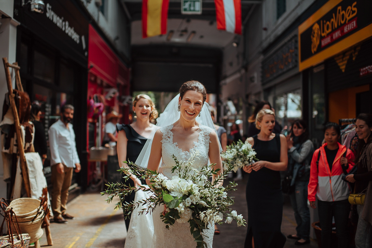 Beth wore a Watters gown and carried an all-white bouquet for her effortlessly elegant, cool, modern and stylish London wedding. Images captured by Wheels & Co Photography. Beth wore a Watters gown and carried an all-white bouquet for her effortlessly elegant, cool, modern and stylish London wedding. Images captured by Wheels & Co Photography.