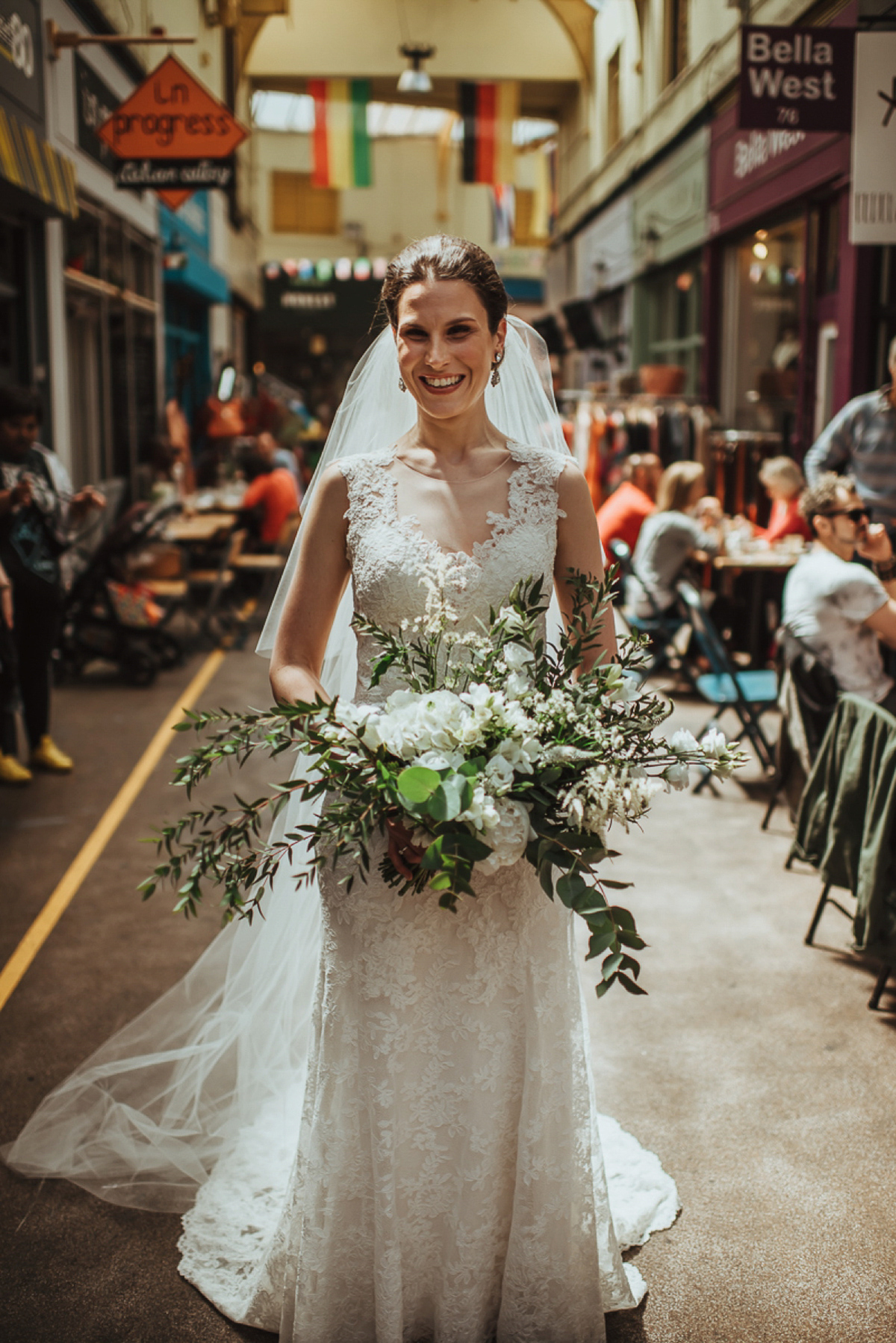 Beth wore a Watters gown and carried an all-white bouquet for her effortlessly elegant, cool, modern and stylish London wedding. Images captured by Wheels & Co Photography. Beth wore a Watters gown and carried an all-white bouquet for her effortlessly elegant, cool, modern and stylish London wedding. Images captured by Wheels & Co Photography.