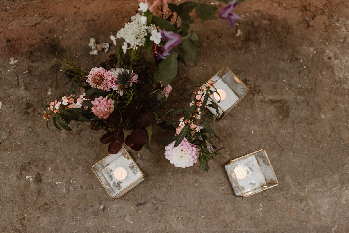 Katie wore a For Love & Lemons dress for her cool, modern, warehouse wedding in Glasgow. Photography by The Curries.