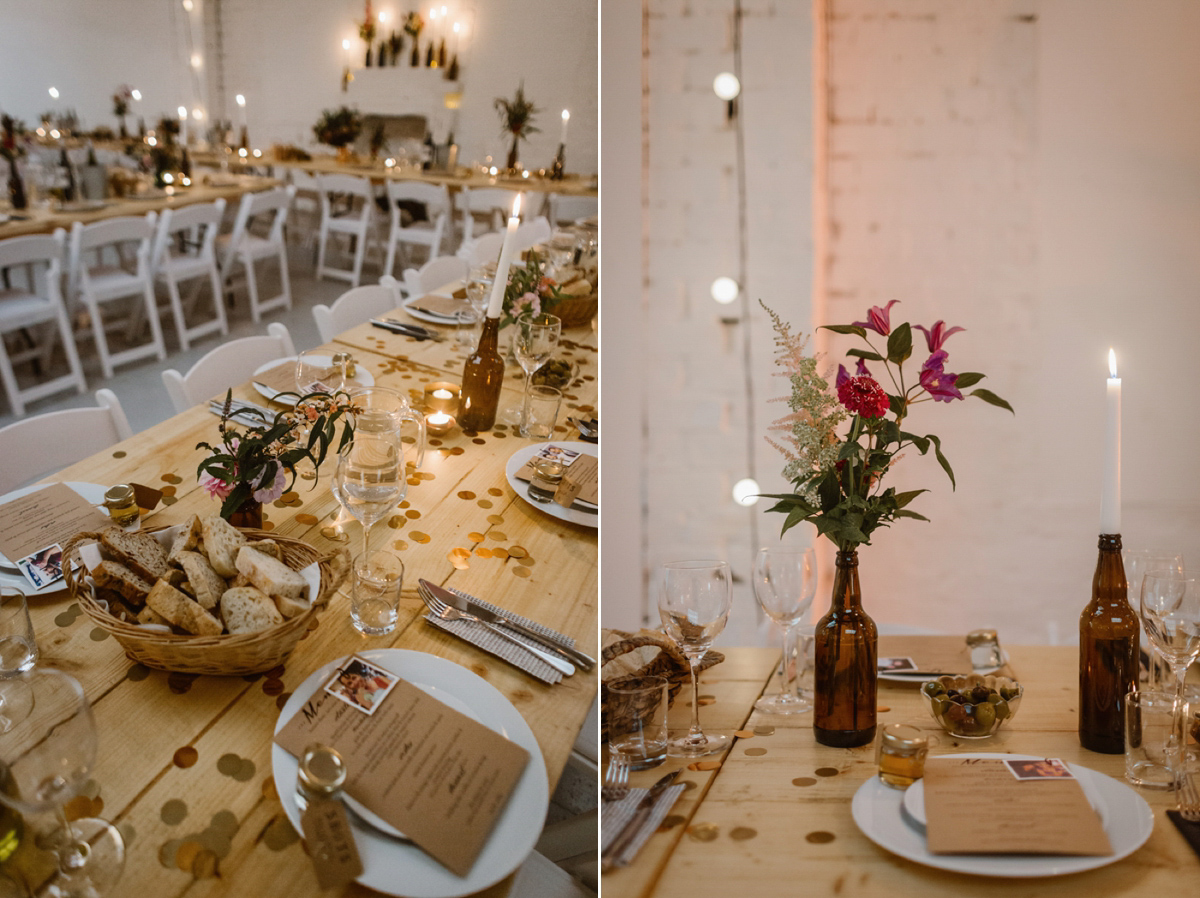 Katie wore a For Love & Lemons dress for her cool, modern, warehouse wedding in Glasgow. Photography by The Curries.