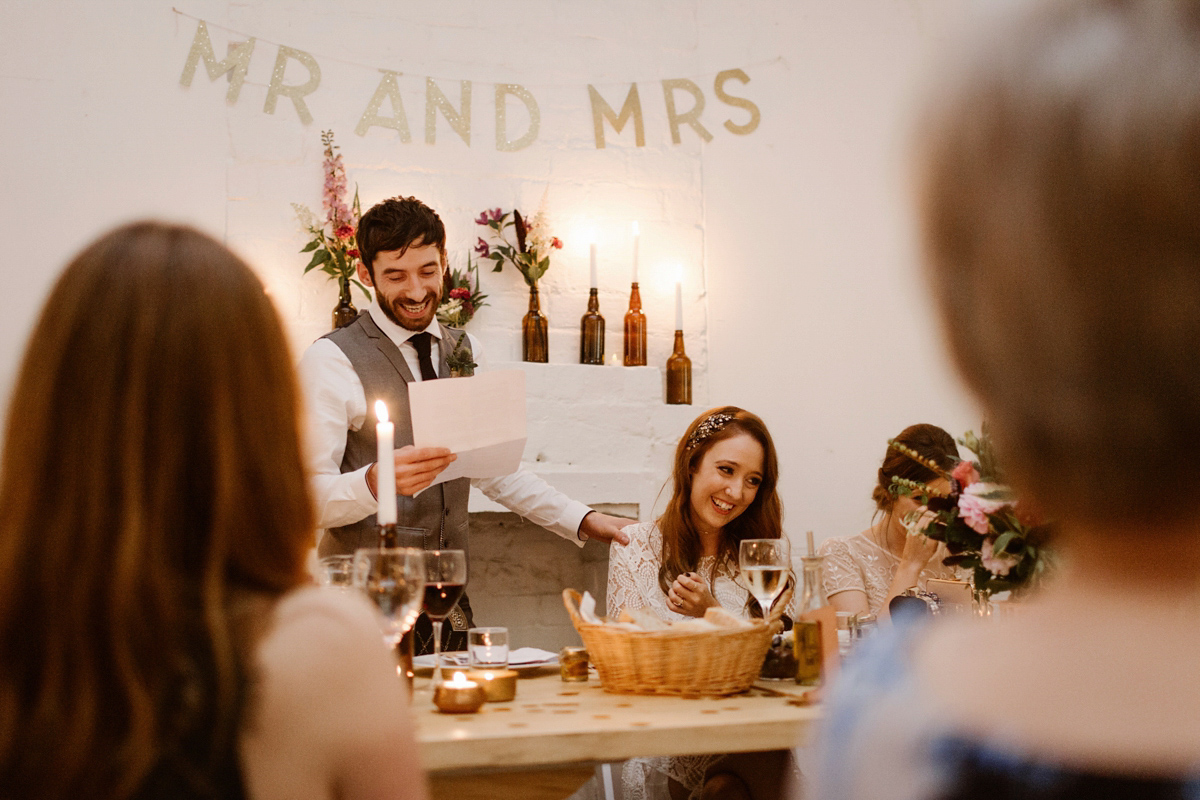 Katie wore a For Love & Lemons dress for her cool, modern, warehouse wedding in Glasgow. Photography by The Curries.