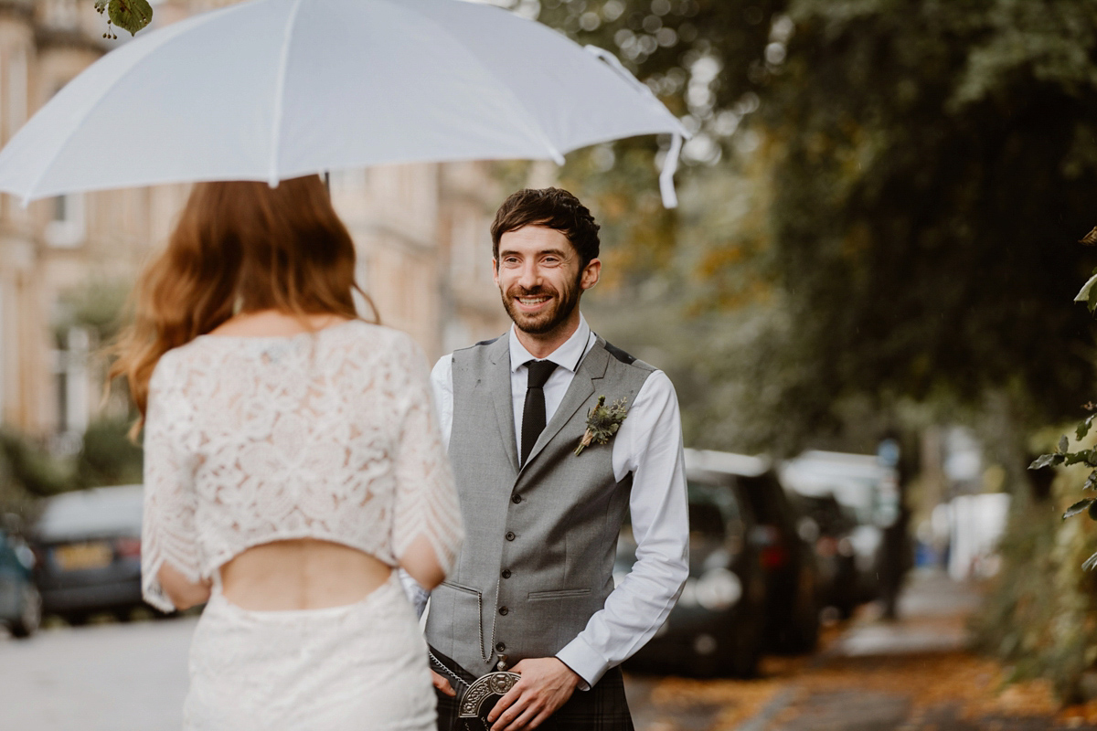 Katie wore a For Love & Lemons dress for her cool, modern, warehouse wedding in Glasgow. Photography by The Curries.