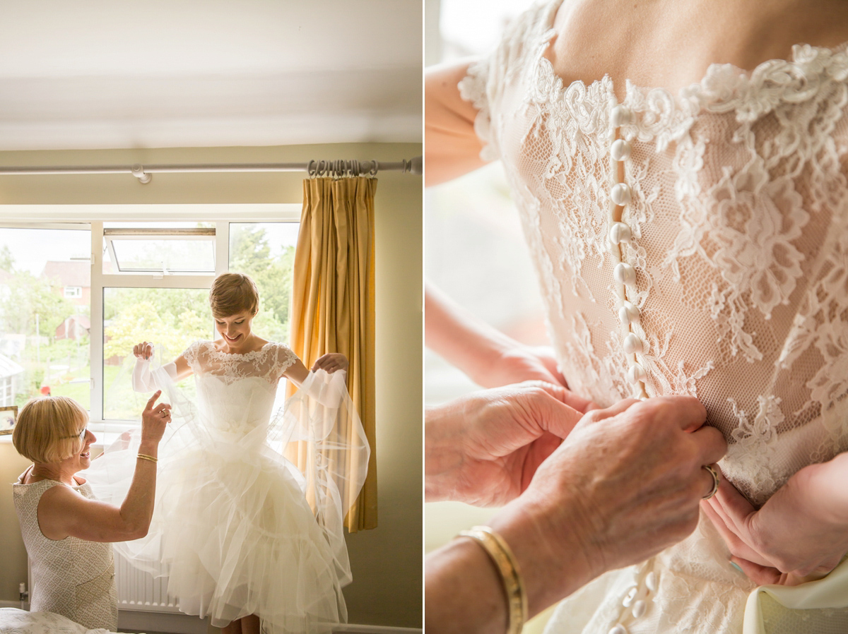 Jo wore a retro inspired Sassi Holford gown from Ellie Sanderson bridal boutique and a pair of Charlotte Mills shoes for her 'silent disco' wedding. Photography by Hannah Larkin.