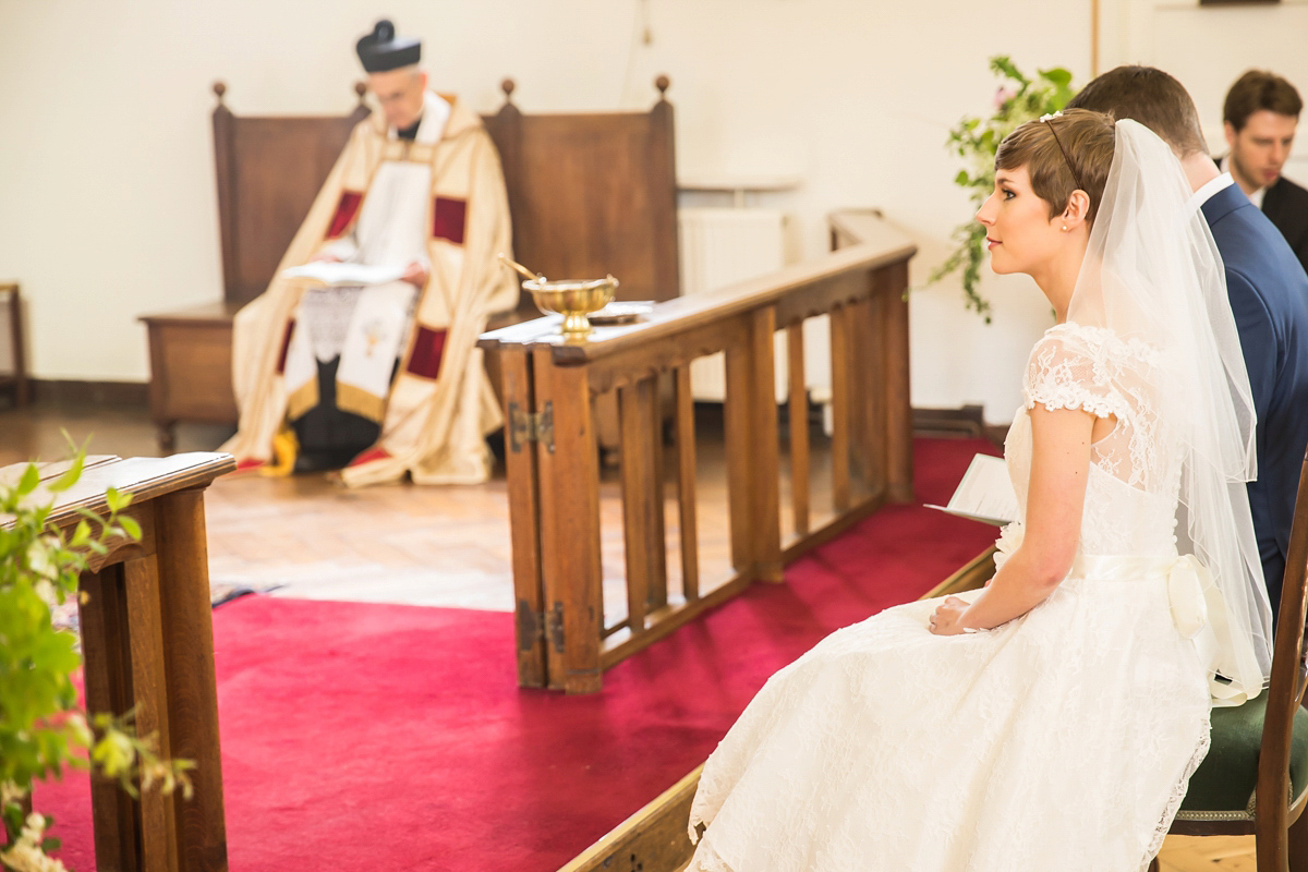 Jo wore a retro inspired Sassi Holford gown from Ellie Sanderson bridal boutique and a pair of Charlotte Mills shoes for her 'silent disco' wedding. Photography by Hannah Larkin.