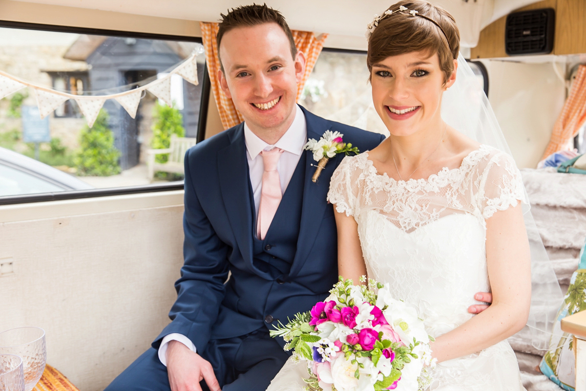 Jo wore a retro inspired Sassi Holford gown from Ellie Sanderson bridal boutique and a pair of Charlotte Mills shoes for her 'silent disco' wedding. Photography by Hannah Larkin.