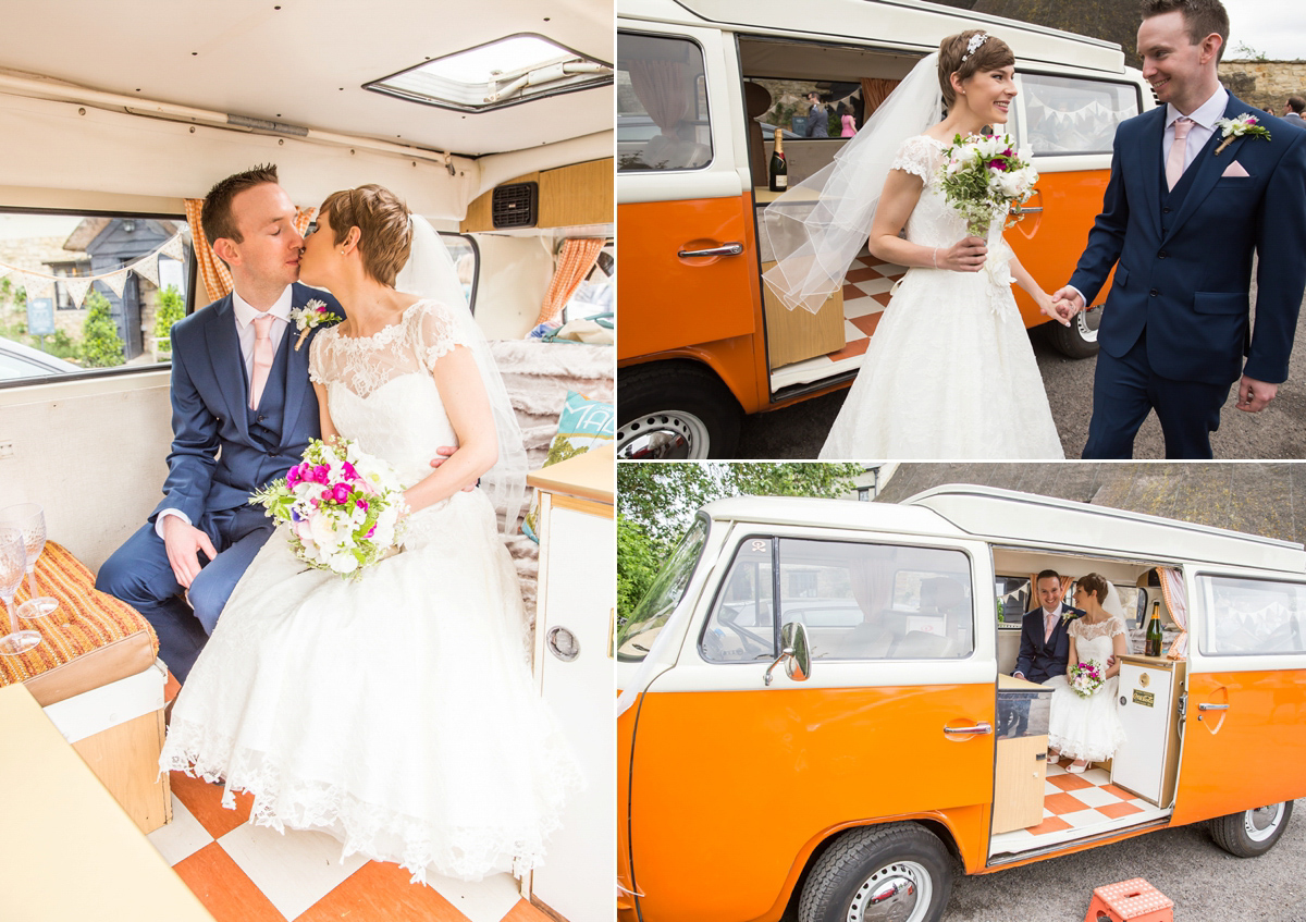 Jo wore a retro inspired Sassi Holford gown from Ellie Sanderson bridal boutique and a pair of Charlotte Mills shoes for her 'silent disco' wedding. Photography by Hannah Larkin.