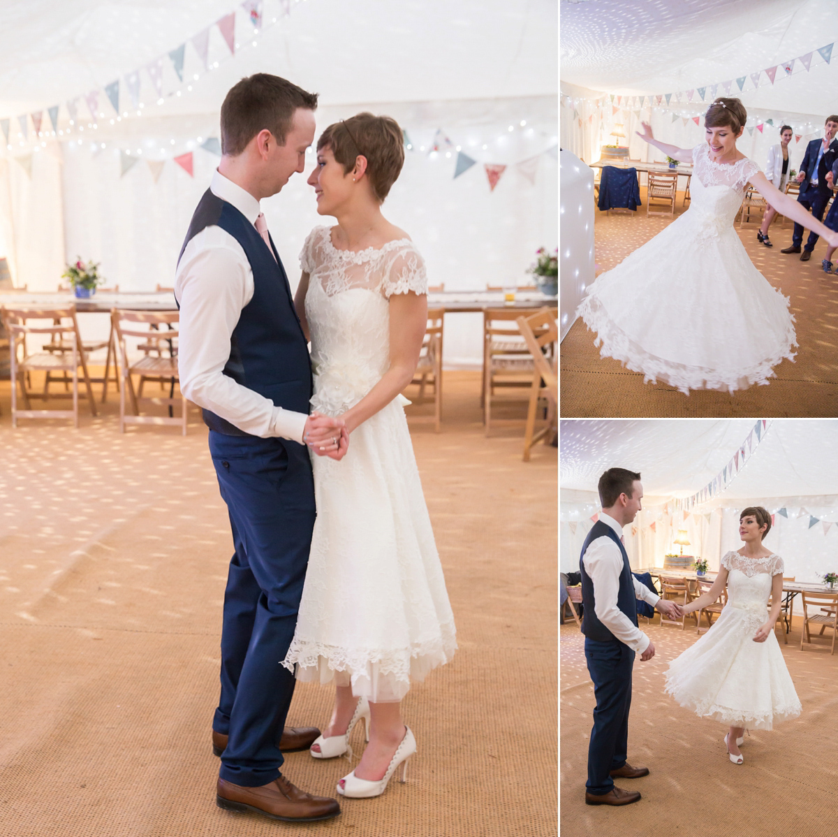 Jo wore a retro inspired Sassi Holford gown from Ellie Sanderson bridal boutique and a pair of Charlotte Mills shoes for her 'silent disco' wedding. Photography by Hannah Larkin.