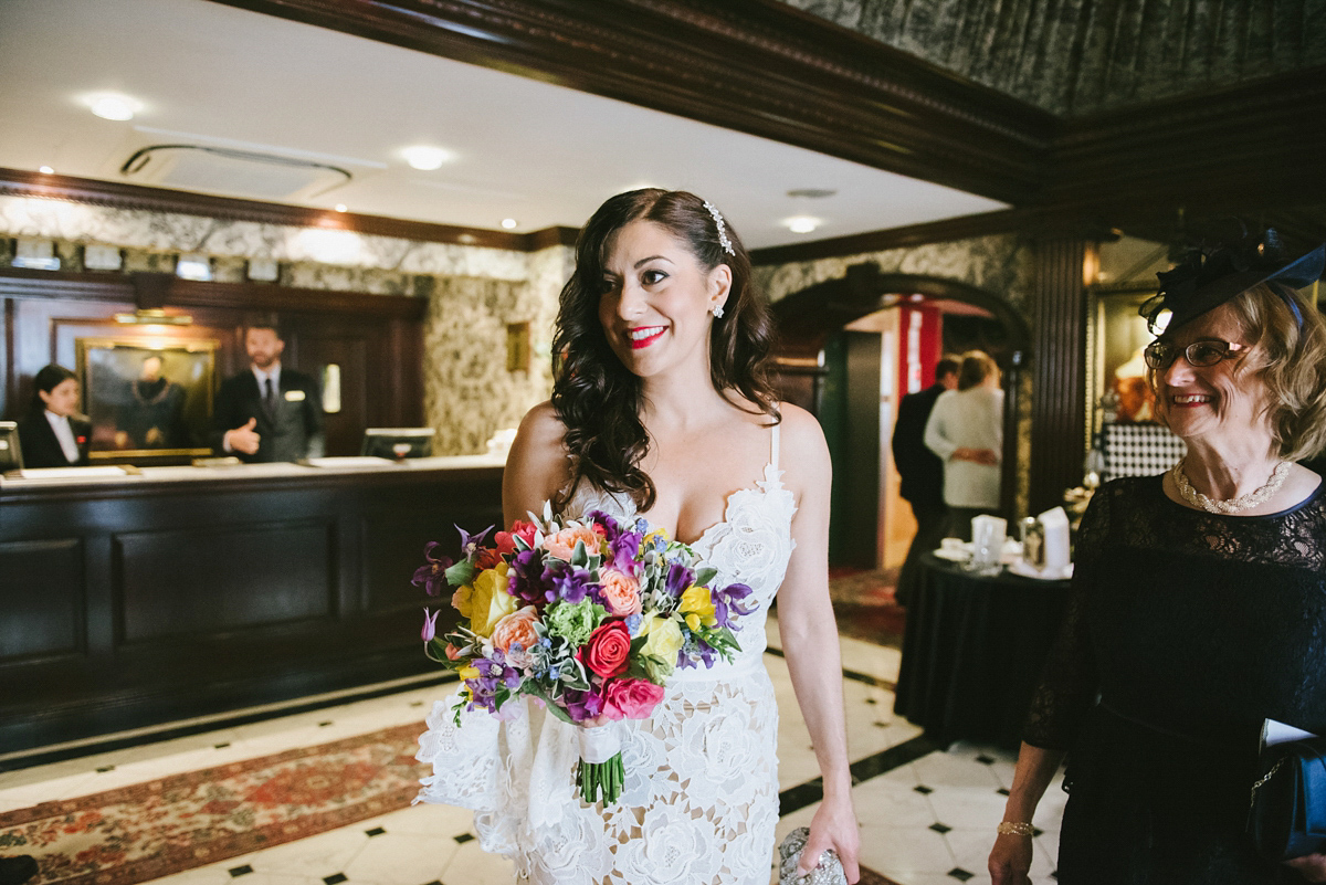 Theresa wore the Frida gown by Catherine Deane, via BHLDN, for her modern London wedding with no bridesmaids. Photography by Ed Godden.