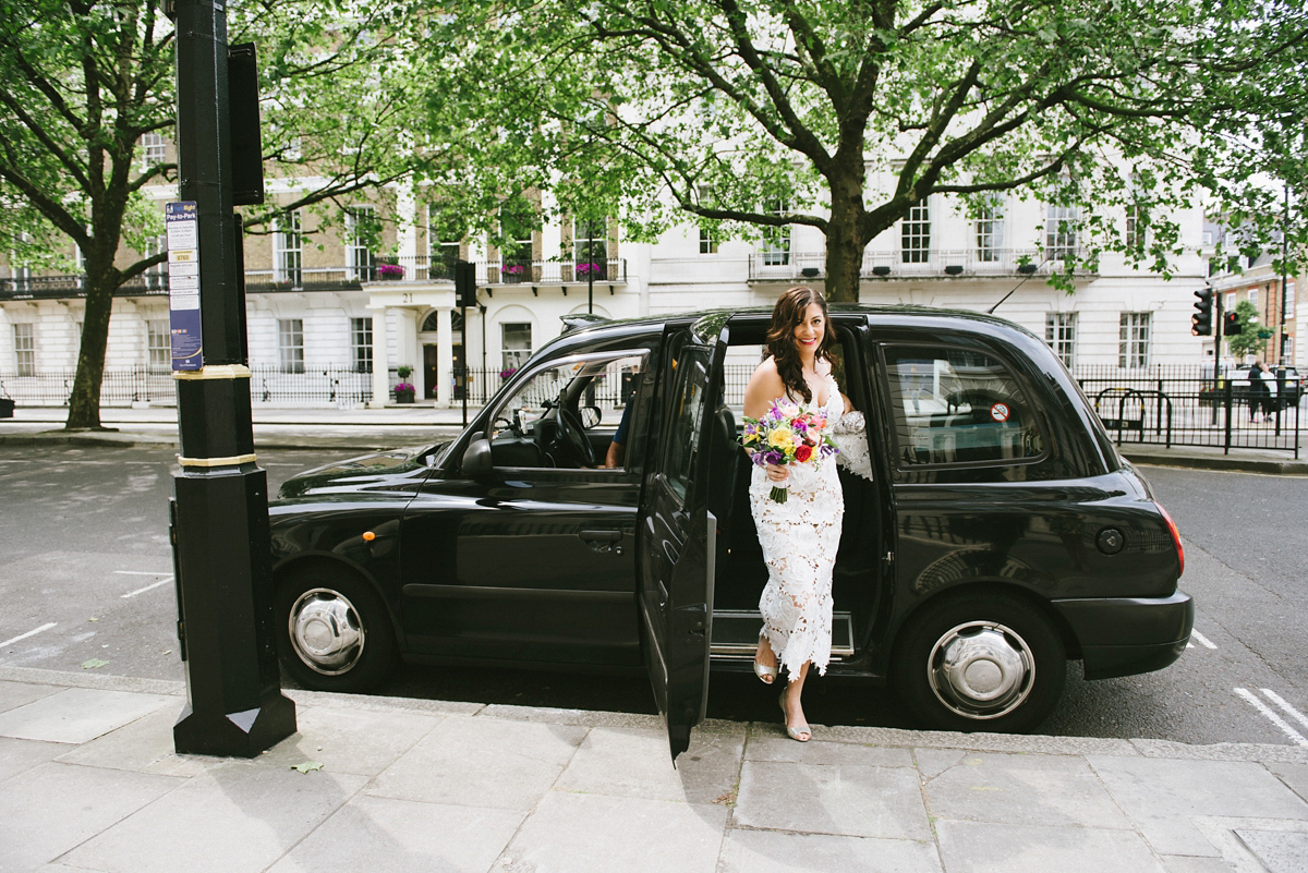 Theresa wore the Frida gown by Catherine Deane, via BHLDN, for her modern London wedding with no bridesmaids. Photography by Ed Godden.