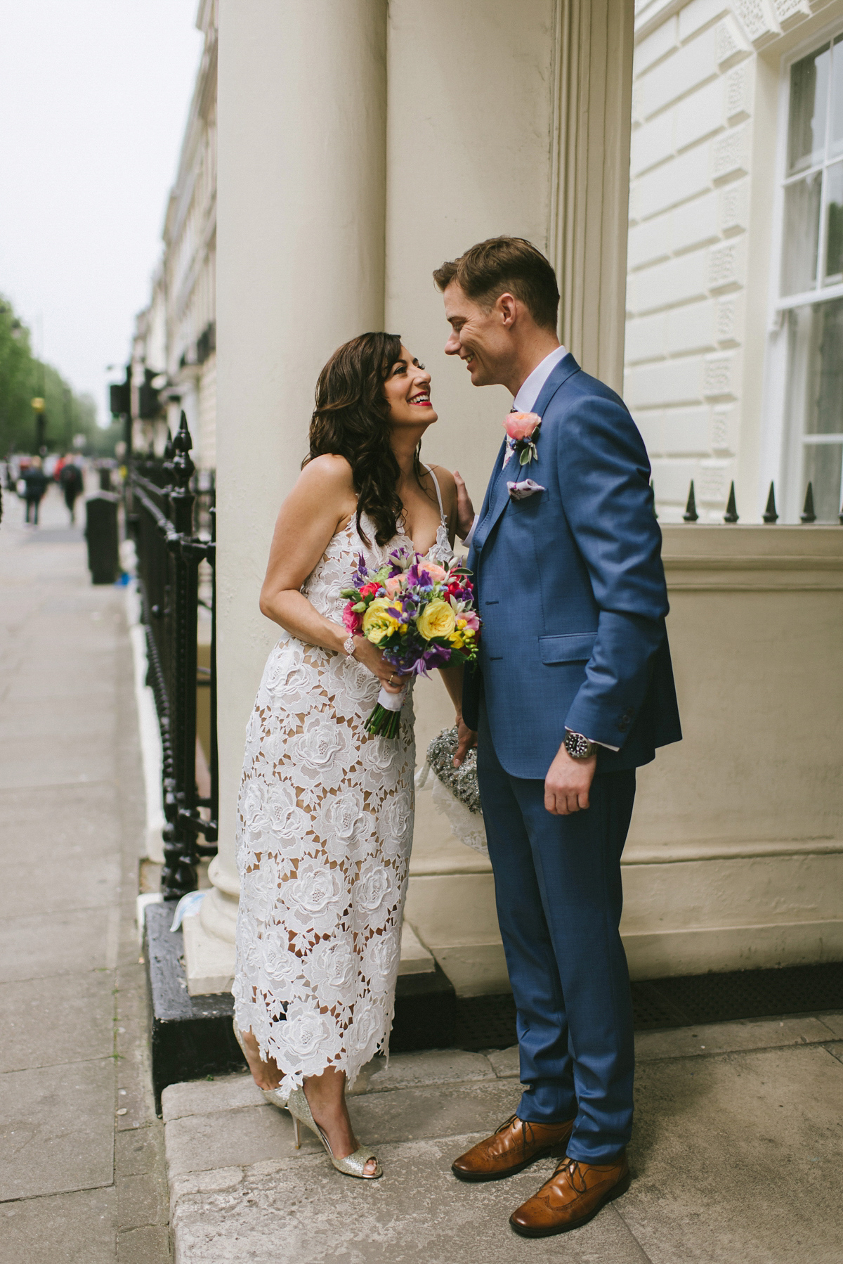 Theresa wore the Frida gown by Catherine Deane, via BHLDN, for her modern London wedding with no bridesmaids. Photography by Ed Godden.