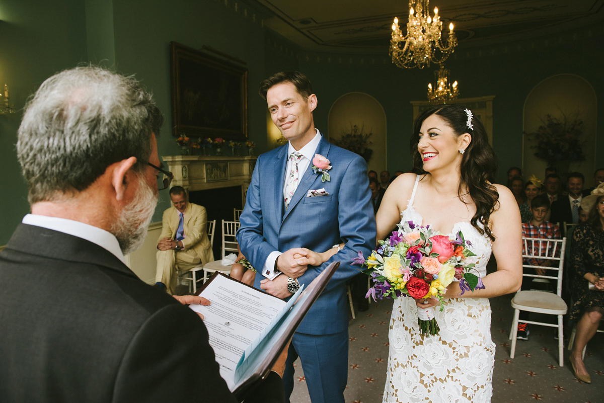 Theresa wore the Frida gown by Catherine Deane, via BHLDN, for her modern London wedding with no bridesmaids. Photography by Ed Godden.