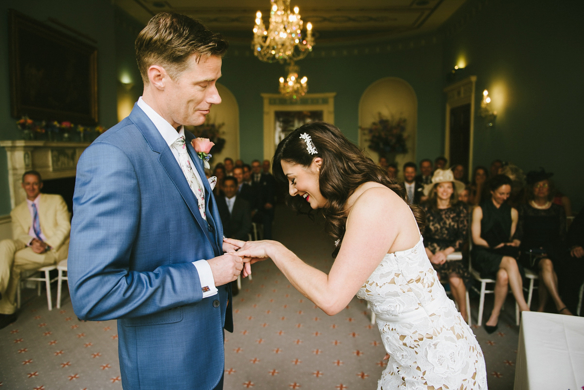 Theresa wore the Frida gown by Catherine Deane, via BHLDN, for her modern London wedding with no bridesmaids. Photography by Ed Godden.