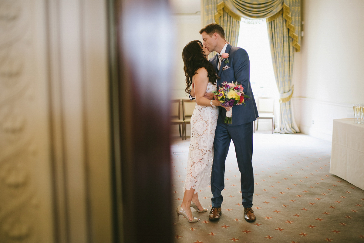 Theresa wore the Frida gown by Catherine Deane, via BHLDN, for her modern London wedding with no bridesmaids. Photography by Ed Godden.