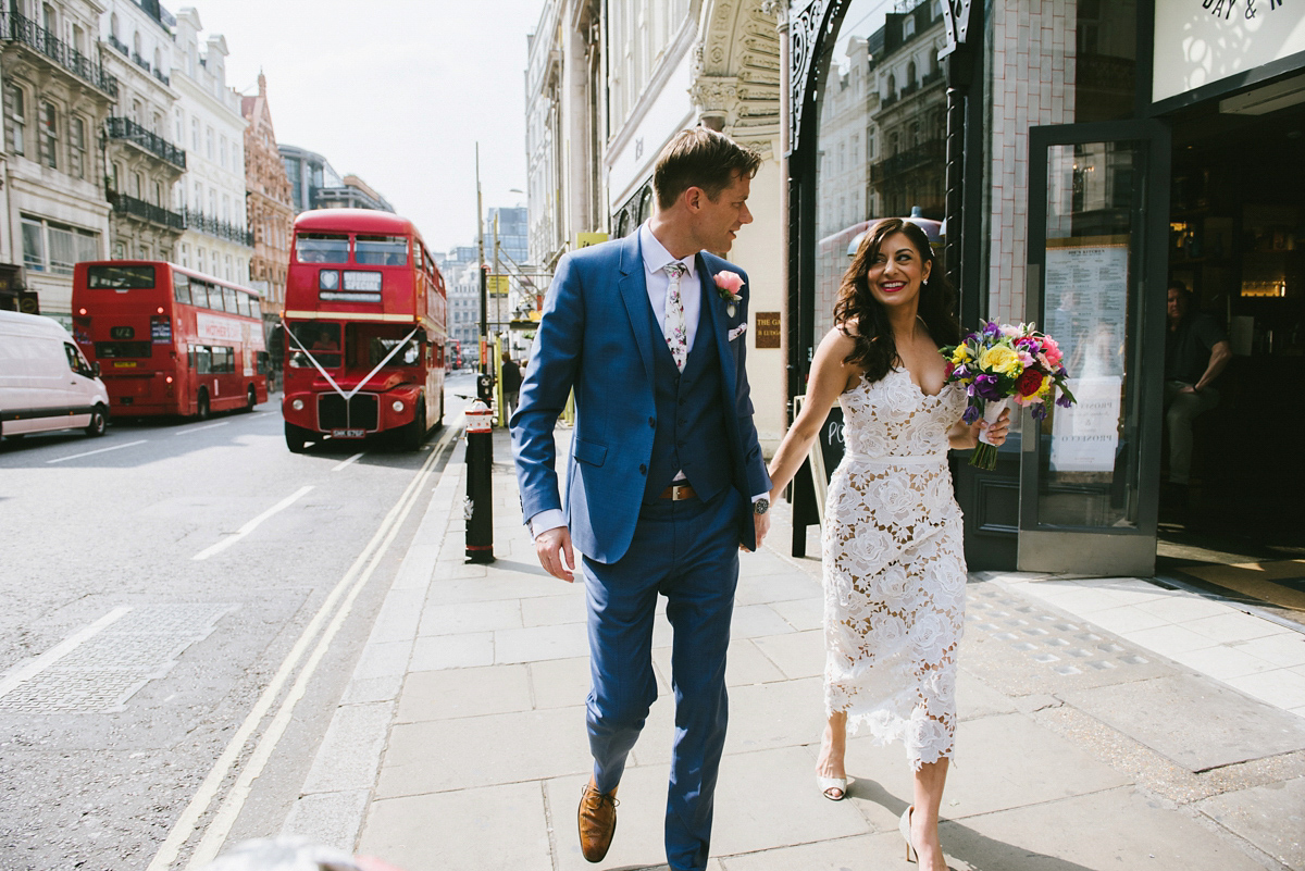 Theresa wore the Frida gown by Catherine Deane, via BHLDN, for her modern London wedding with no bridesmaids. Photography by Ed Godden.