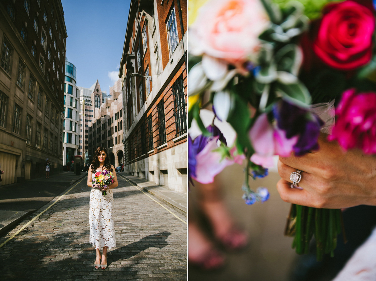 Theresa wore the Frida gown by Catherine Deane, via BHLDN, for her modern London wedding with no bridesmaids. Photography by Ed Godden.