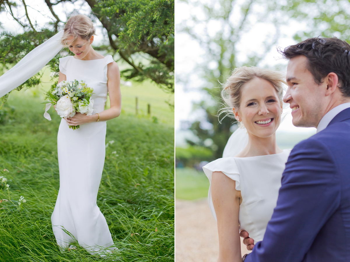 Connie wore a black leather jacket and dress by Belle & Bunty for her English wildfllower meadow inspired wedding. Photography by Emma Sekhonn.