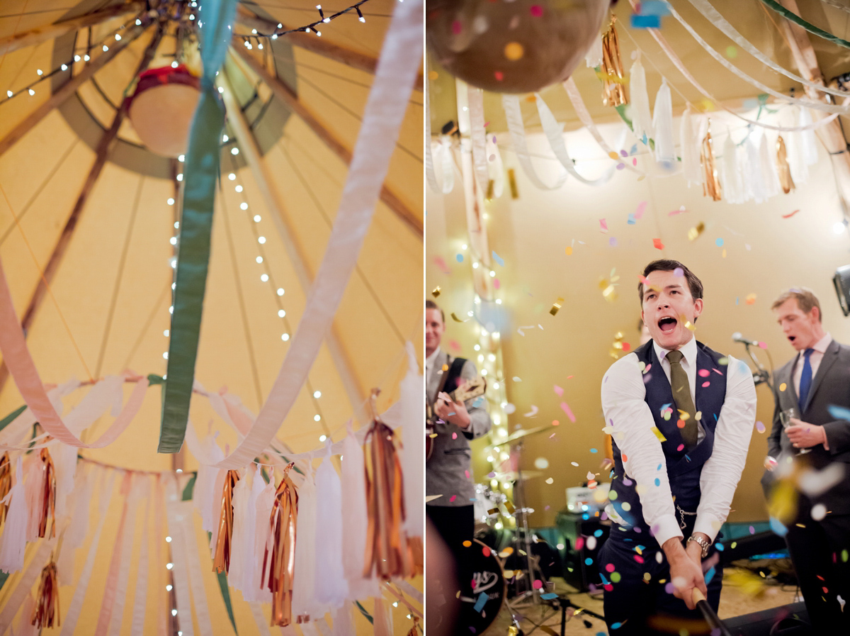 Connie wore a black leather jacket and dress by Belle & Bunty for her English wildfllower meadow inspired wedding. Photography by Emma Sekhonn.