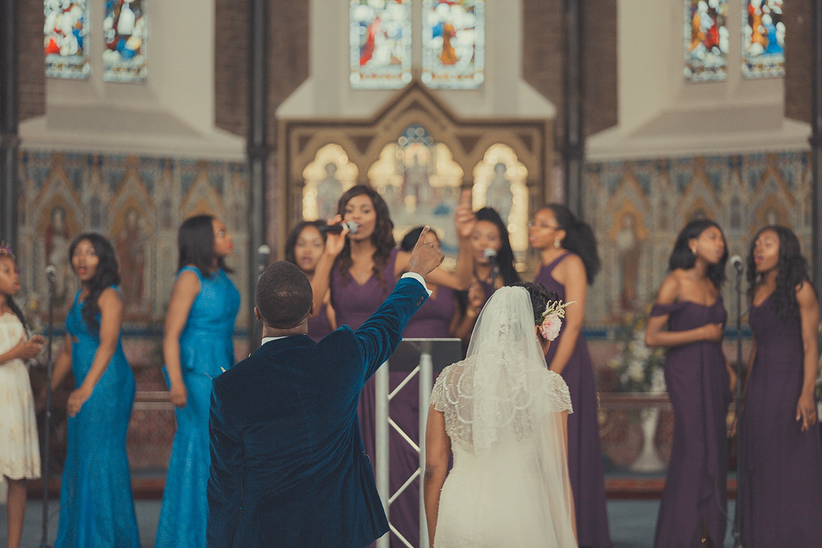 Chioma wore a David's Bridal gown for her Christian and 1920's vintage glamrous inspired wedding. Photography by James Green.