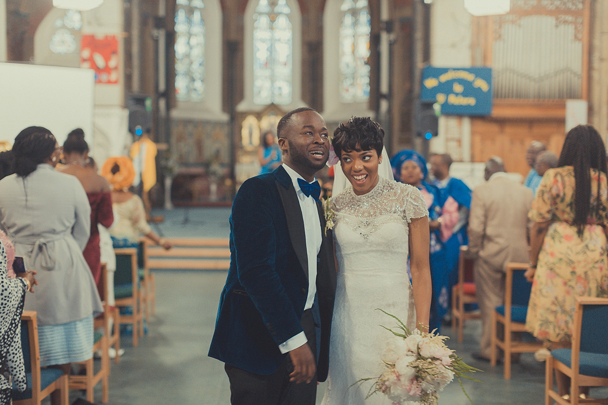 Chioma wore a David's Bridal gown for her Christian and 1920's vintage glamrous inspired wedding. Photography by James Green.