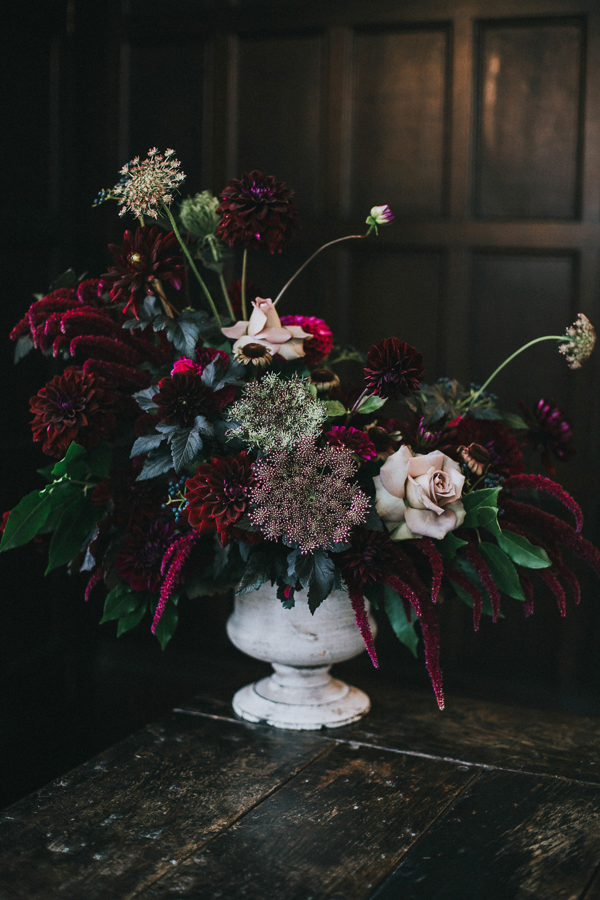 Bride Natasha wore a gown inspired by the dress worn by Dita von Teese for her wedding to Marilyn Manson. Natasha and Ian's wedding was full of Autumnal, gothic romance. Photography by Matt Horan.