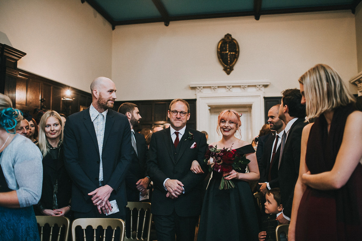 Bride Natasha wore a gown inspired by the dress worn by Dita von Teese for her wedding to Marilyn Manson. Natasha and Ian's wedding was full of Autumnal, gothic romance. Photography by Matt Horan.