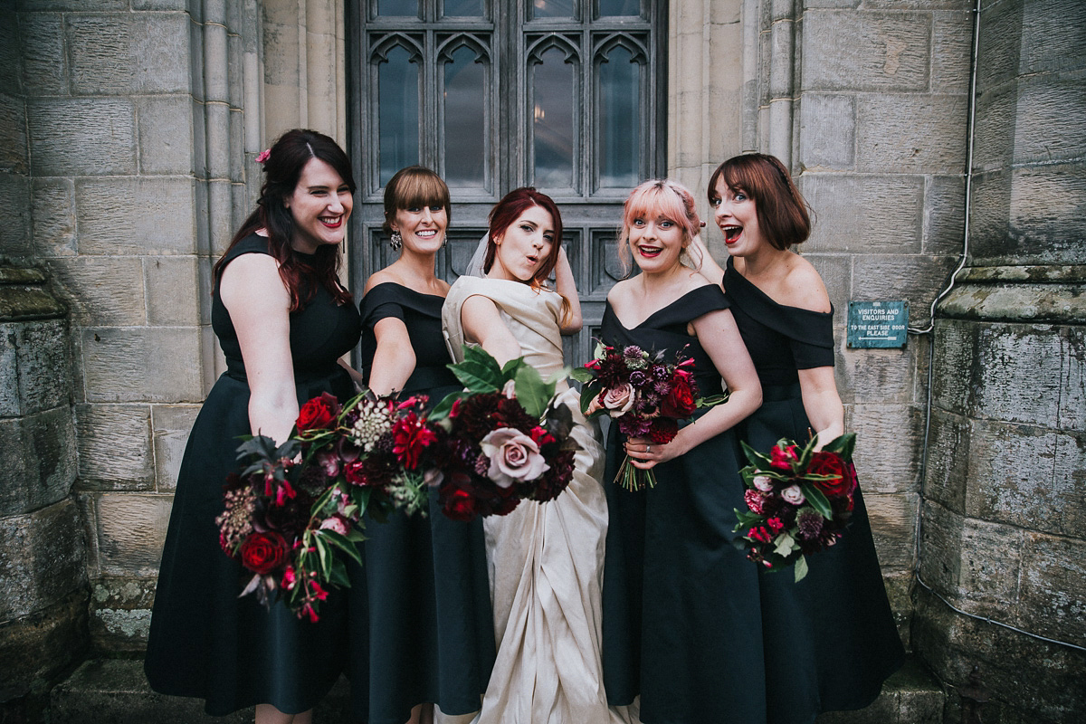 Bride Natasha wore a gown inspired by the dress worn by Dita von Teese for her wedding to Marilyn Manson. Natasha and Ian's wedding was full of Autumnal, gothic romance. Photography by Matt Horan.