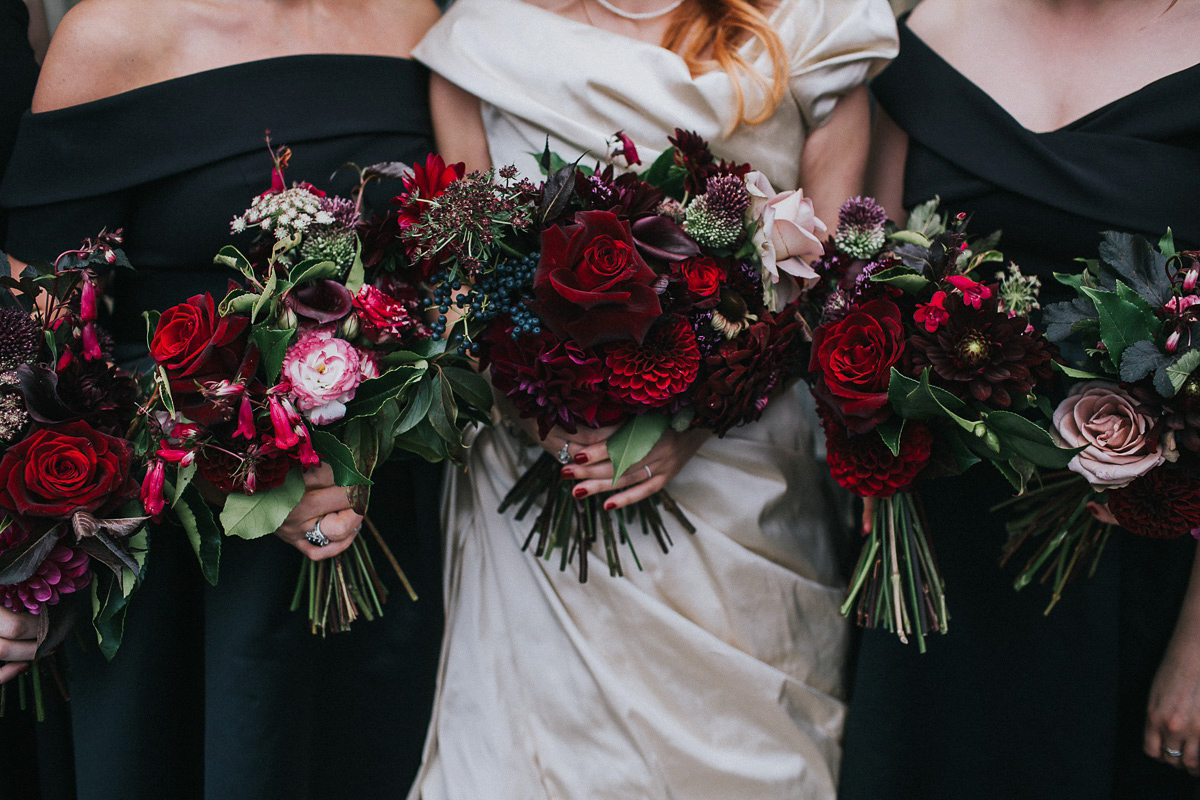 Bride Natasha wore a gown inspired by the dress worn by Dita von Teese for her wedding to Marilyn Manson. Natasha and Ian's wedding was full of Autumnal, gothic romance. Photography by Matt Horan.