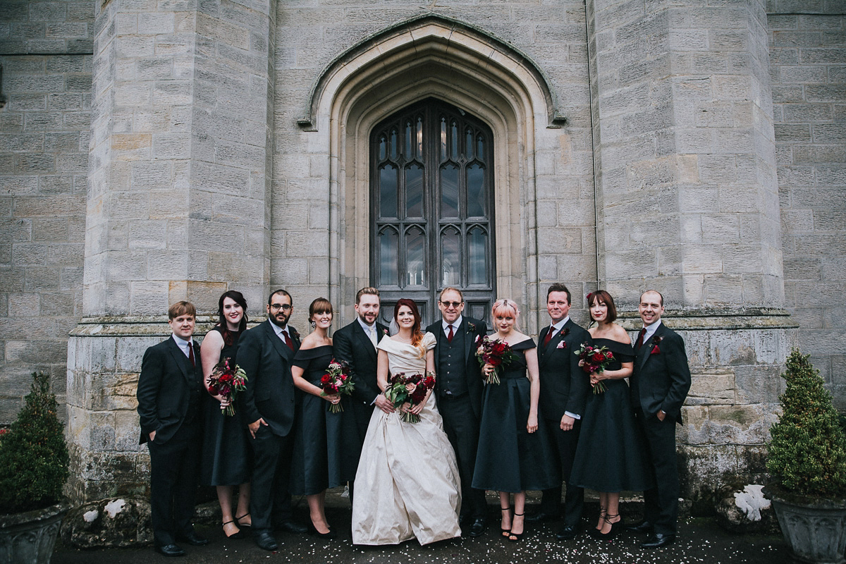 Bride Natasha wore a gown inspired by the dress worn by Dita von Teese for her wedding to Marilyn Manson. Natasha and Ian's wedding was full of Autumnal, gothic romance. Photography by Matt Horan.