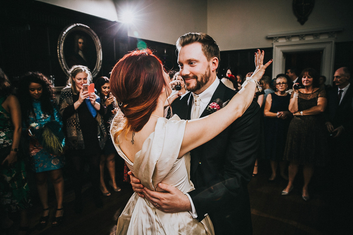 Bride Natasha wore a gown inspired by the dress worn by Dita von Teese for her wedding to Marilyn Manson. Natasha and Ian's wedding was full of Autumnal, gothic romance. Photography by Matt Horan.