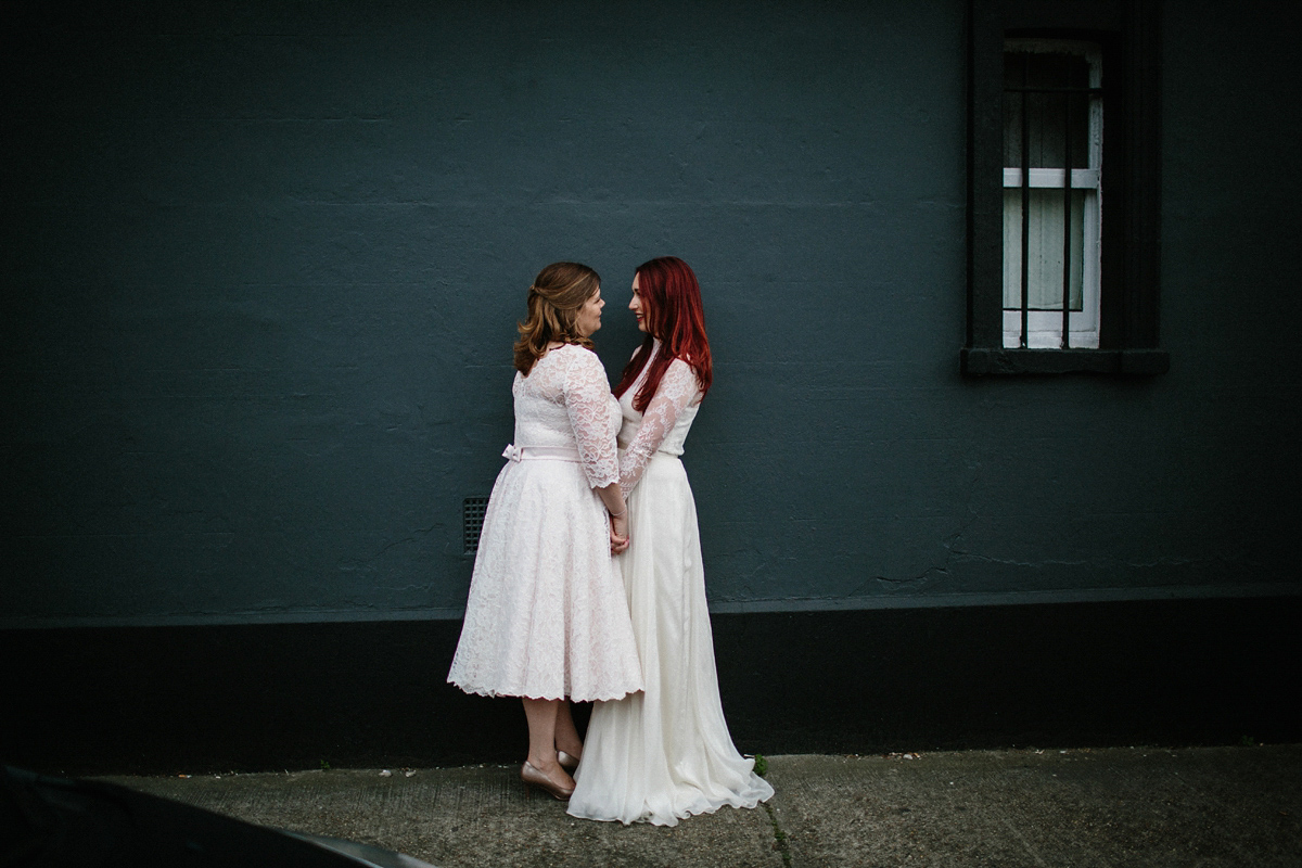 Kate and Lauren married in Catherine Deane and Candy Anthony gowns at Chelsea Town Hall in the Autumn. Photography by Cluadia Rose Carter.