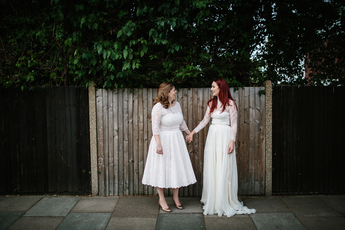 Kate and Lauren married in Catherine Deane and Candy Anthony gowns at Chelsea Town Hall in the Autumn. Photography by Cluadia Rose Carter.