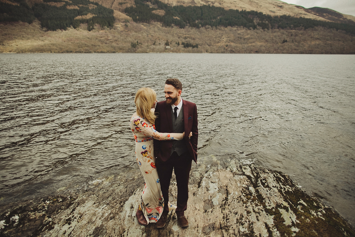 Gillian wore a colourful embroidered long sleeved gown by Temperley for her modern and alternative Woodside Warehouse wedding in Glasgow. Photography by Dan O'Day.