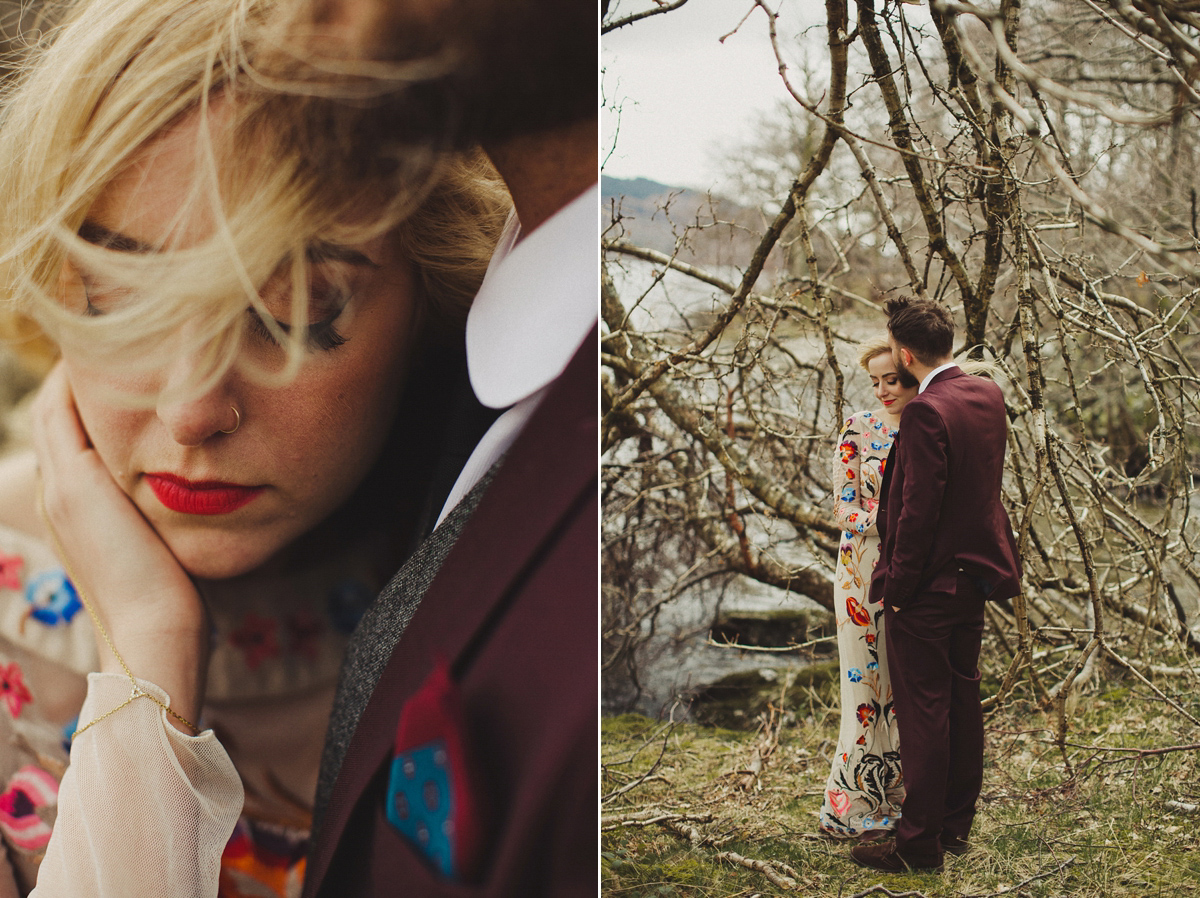 Gillian wore a colourful embroidered long sleeved gown by Temperley for her modern and alternative Woodside Warehouse wedding in Glasgow. Photography by Dan O'Day.