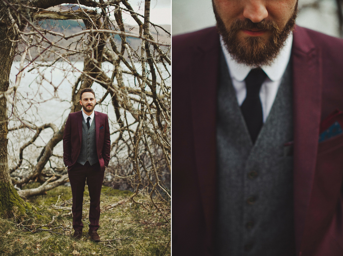 Gillian wore a colourful embroidered long sleeved gown by Temperley for her modern and alternative Woodside Warehouse wedding in Glasgow. Photography by Dan O'Day.