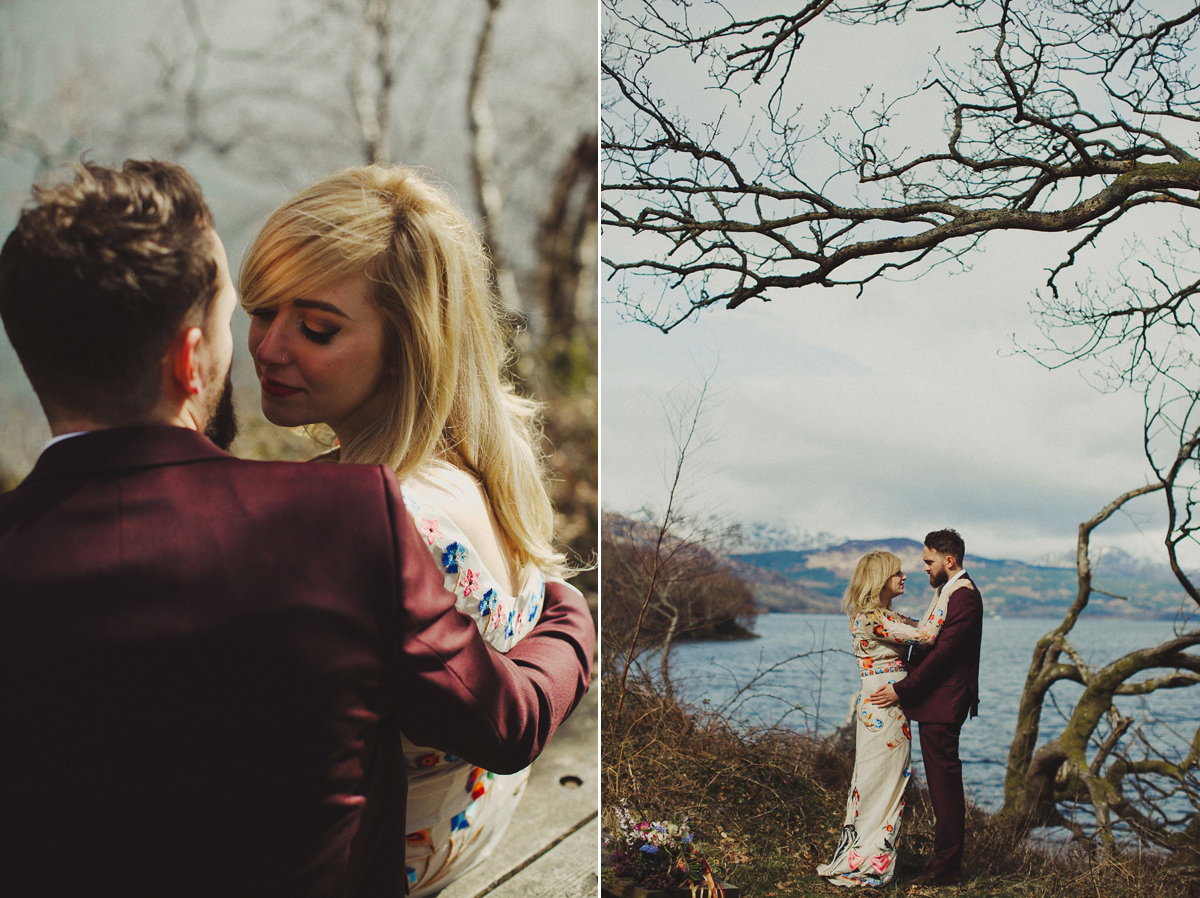 Gillian wore a colourful embroidered long sleeved gown by Temperley for her modern and alternative Woodside Warehouse wedding in Glasgow. Photography by Dan O'Day.