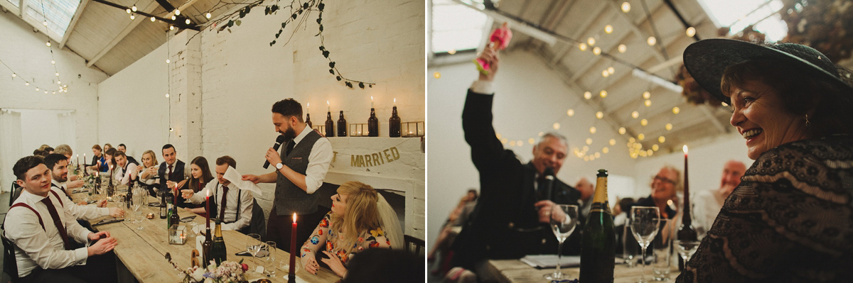 Gillian wore a colourful embroidered long sleeved gown by Temperley for her modern and alternative Woodside Warehouse wedding in Glasgow. Photography by Dan O'Day.